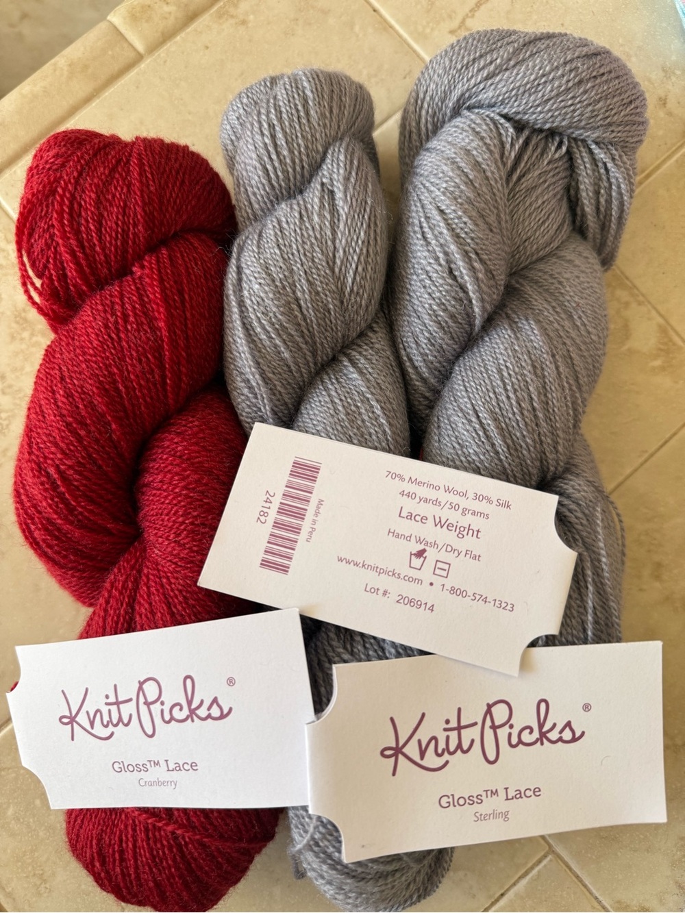 Knit Picks Gloss Lace Yarn Bundle - Cranberry Red & Sterling Gray 3 Hanks